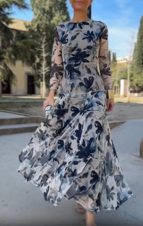 Floral Mesh Long Sleeve Flowy Dress