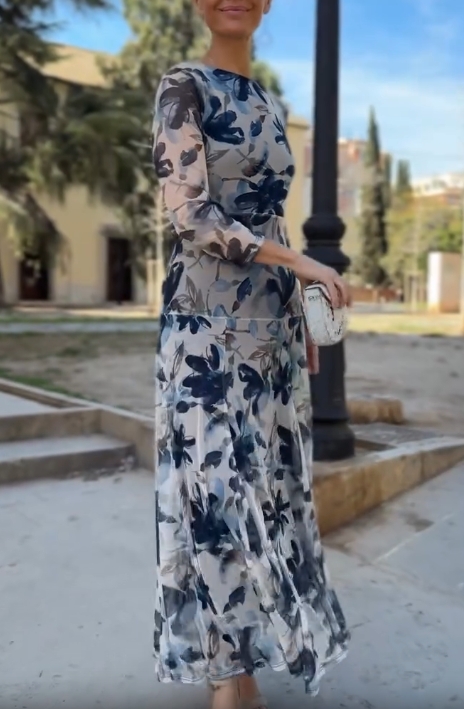 Floral Mesh Long Sleeve Flowy Dress