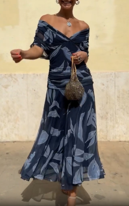 Midnight Bloom Off-Shoulder Dress