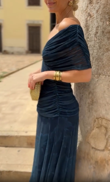 Deep Sea Whispers Off-Shoulder Dress