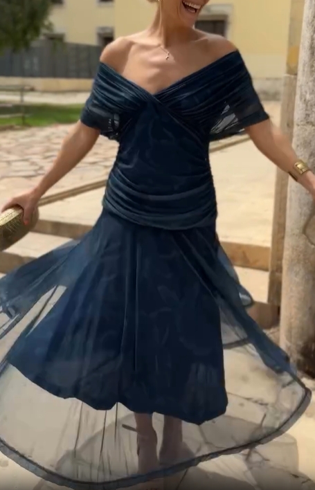 Deep Sea Whispers Off-Shoulder Dress