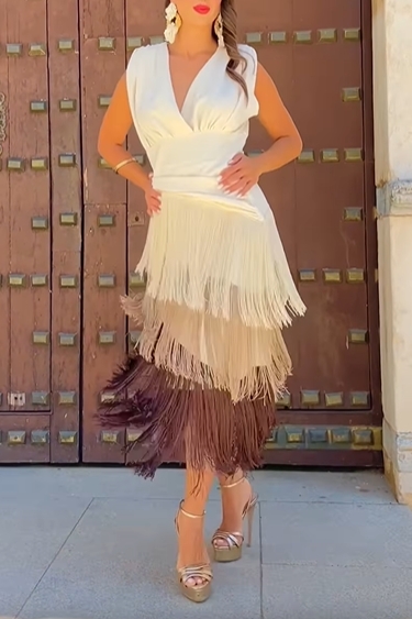 Tricolor Fringe Midi Dress