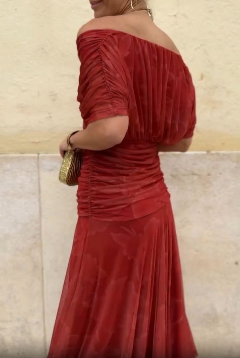 Flowing Off-the-Shoulder Dress with Pleats