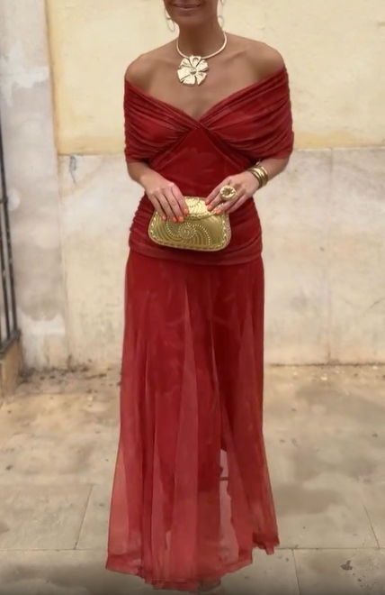 Flowing Off-the-Shoulder Dress with Pleats