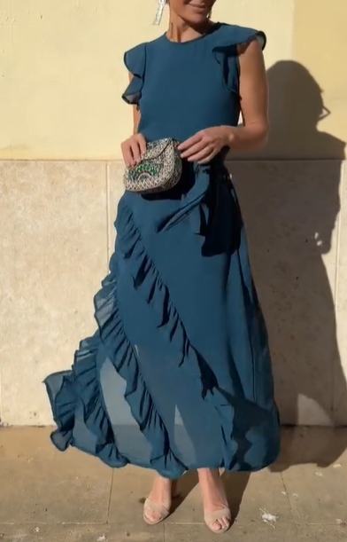 Ruffled Cap-Sleeve Maxi Dress