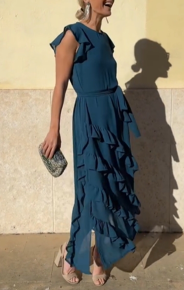 Ruffled Cap-Sleeve Maxi Dress