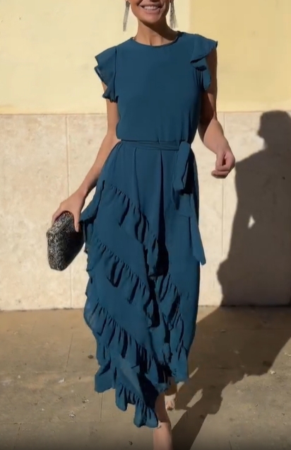 Ruffled Cap-Sleeve Maxi Dress