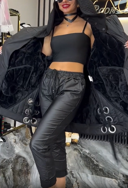 Black Quilted Hooded Coat with Unique Pattern