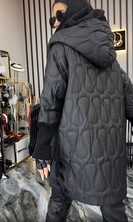 Black Quilted Hooded Coat with Unique Pattern