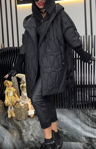 Black Quilted Hooded Coat with Unique Pattern