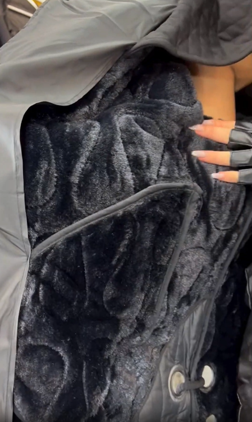 Black Quilted Hooded Coat with Unique Pattern