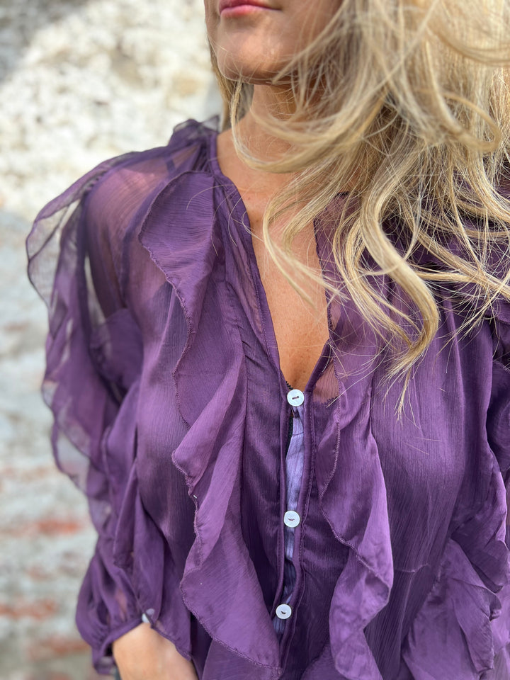 Ruffled Sheer Button - Front Blouse