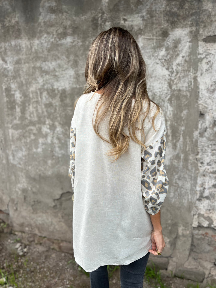 Ecru stripe print linen blouse