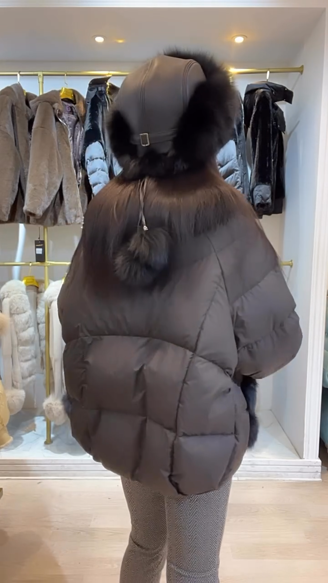 Black Puffer Jacket with Luxurious Real Fur Collar and Cuffs