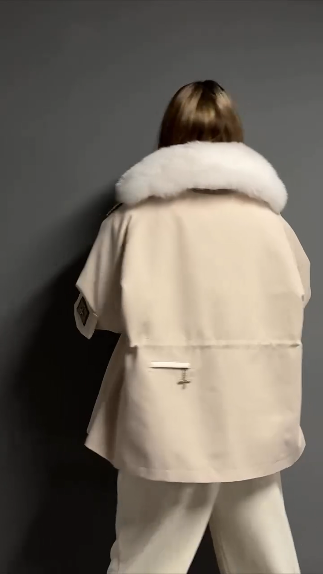Beige Parka with Luxurious White Faux Fur Lining