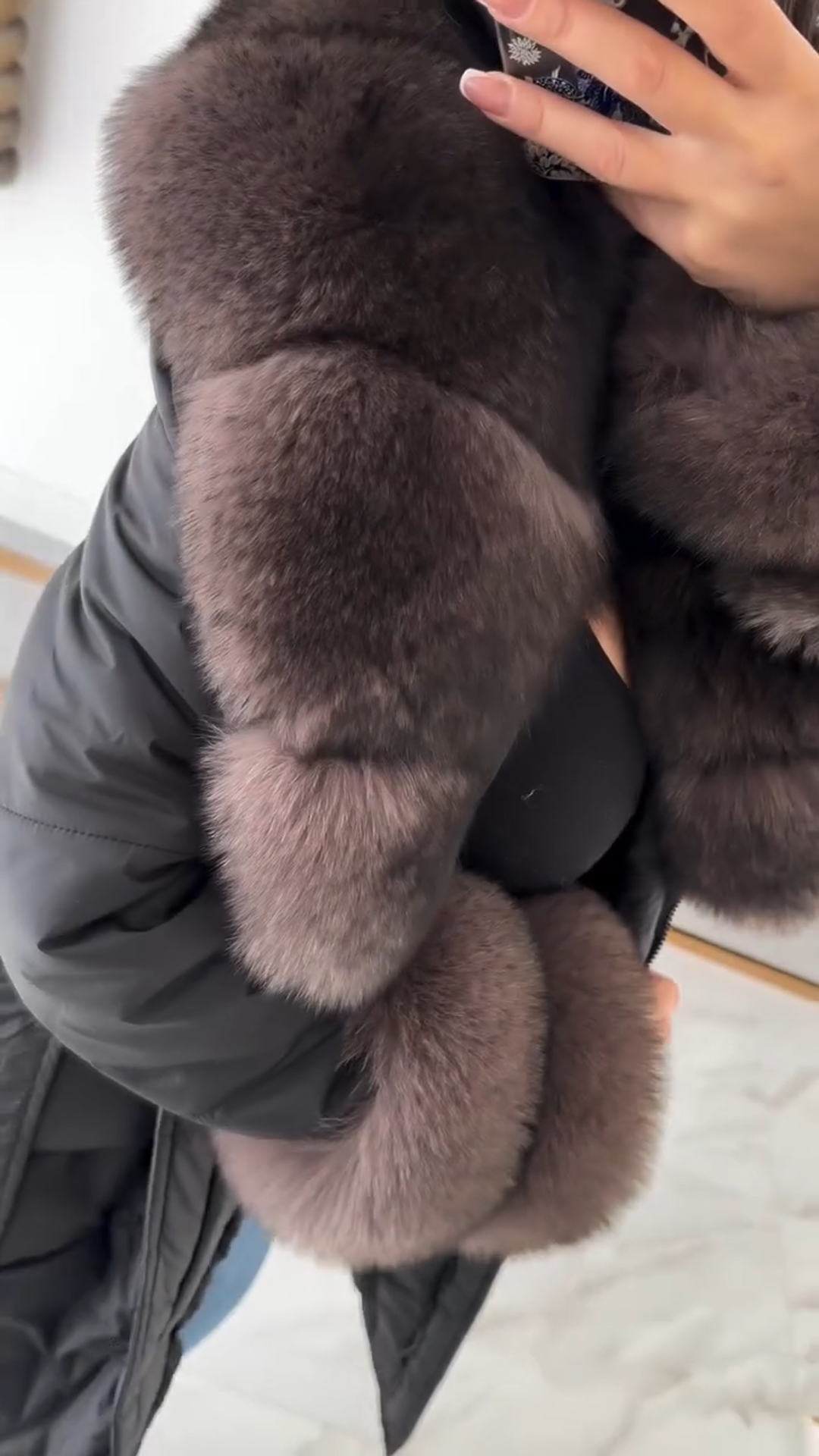 Dark Gray Long Puffer Coat with Luxurious Faux Fur Collar and Cuffs