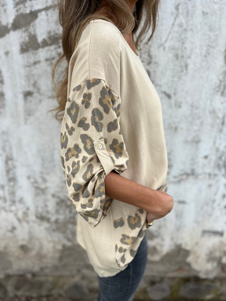 Ecru stripe print linen blouse