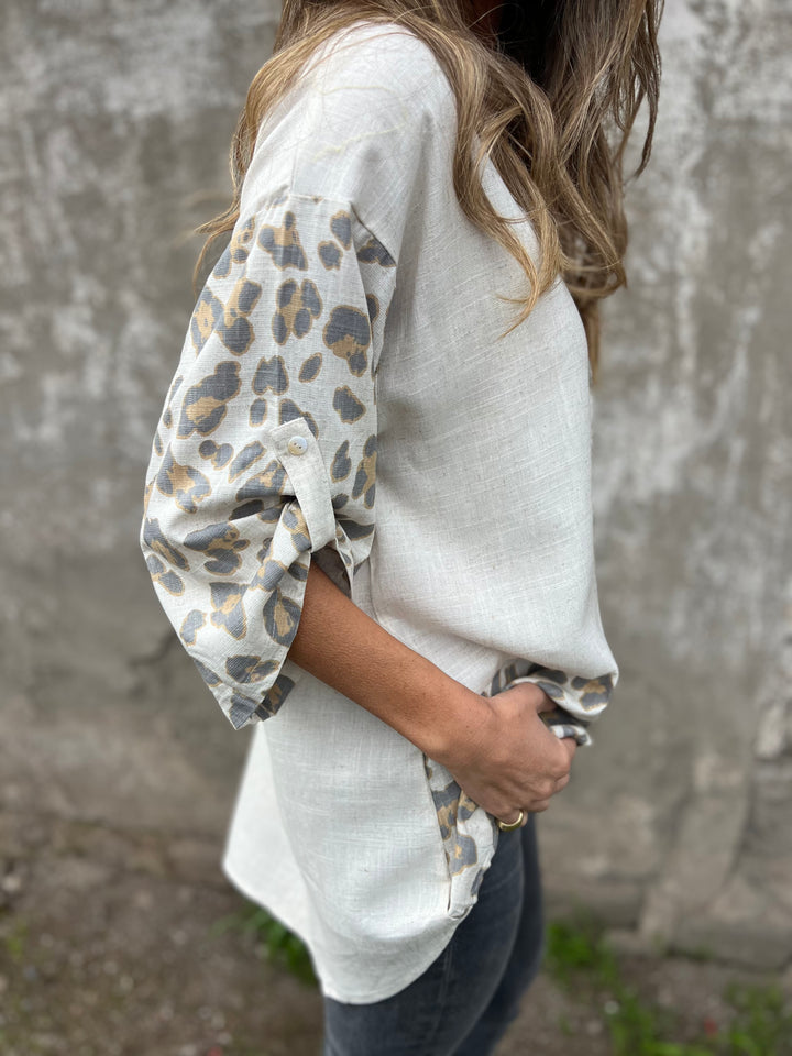 Ecru stripe print linen blouse