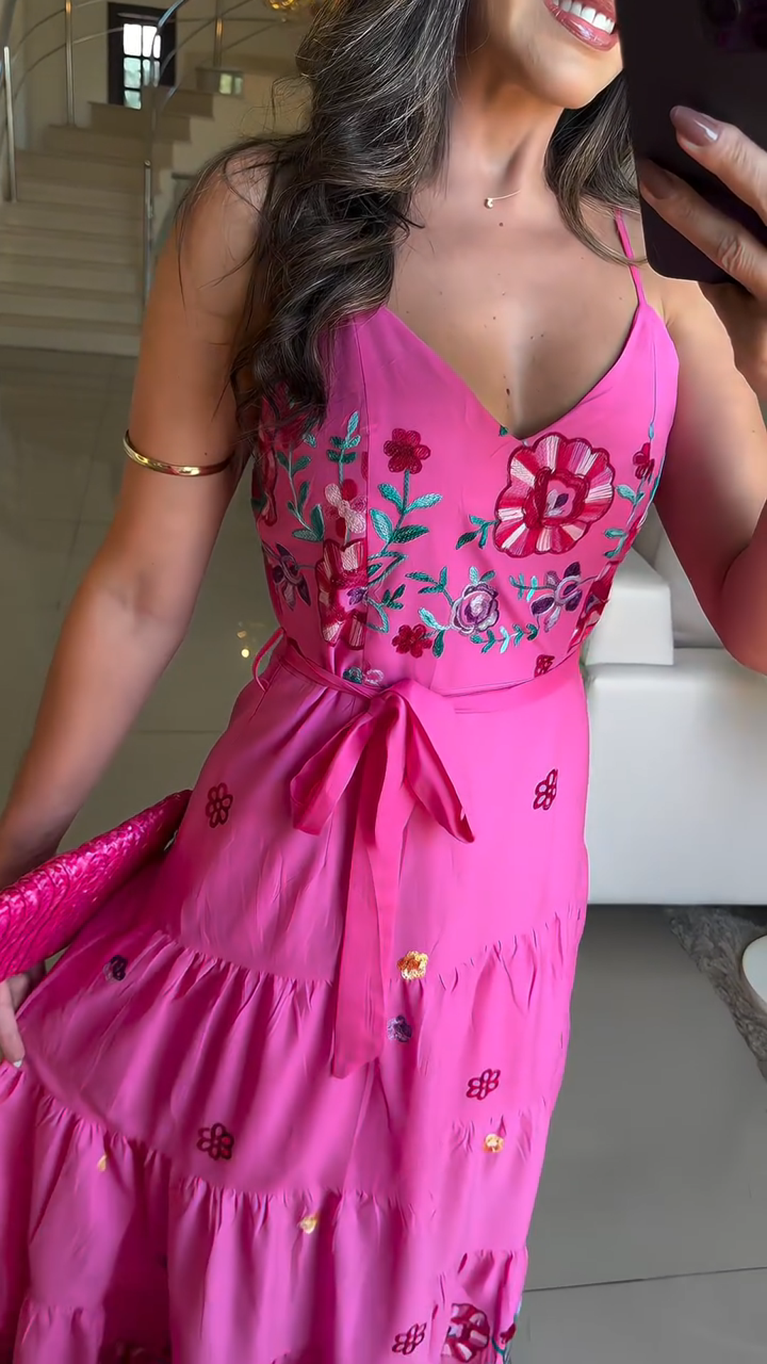 Floral Embroidered Spaghetti Strap Dress with Tie Detail