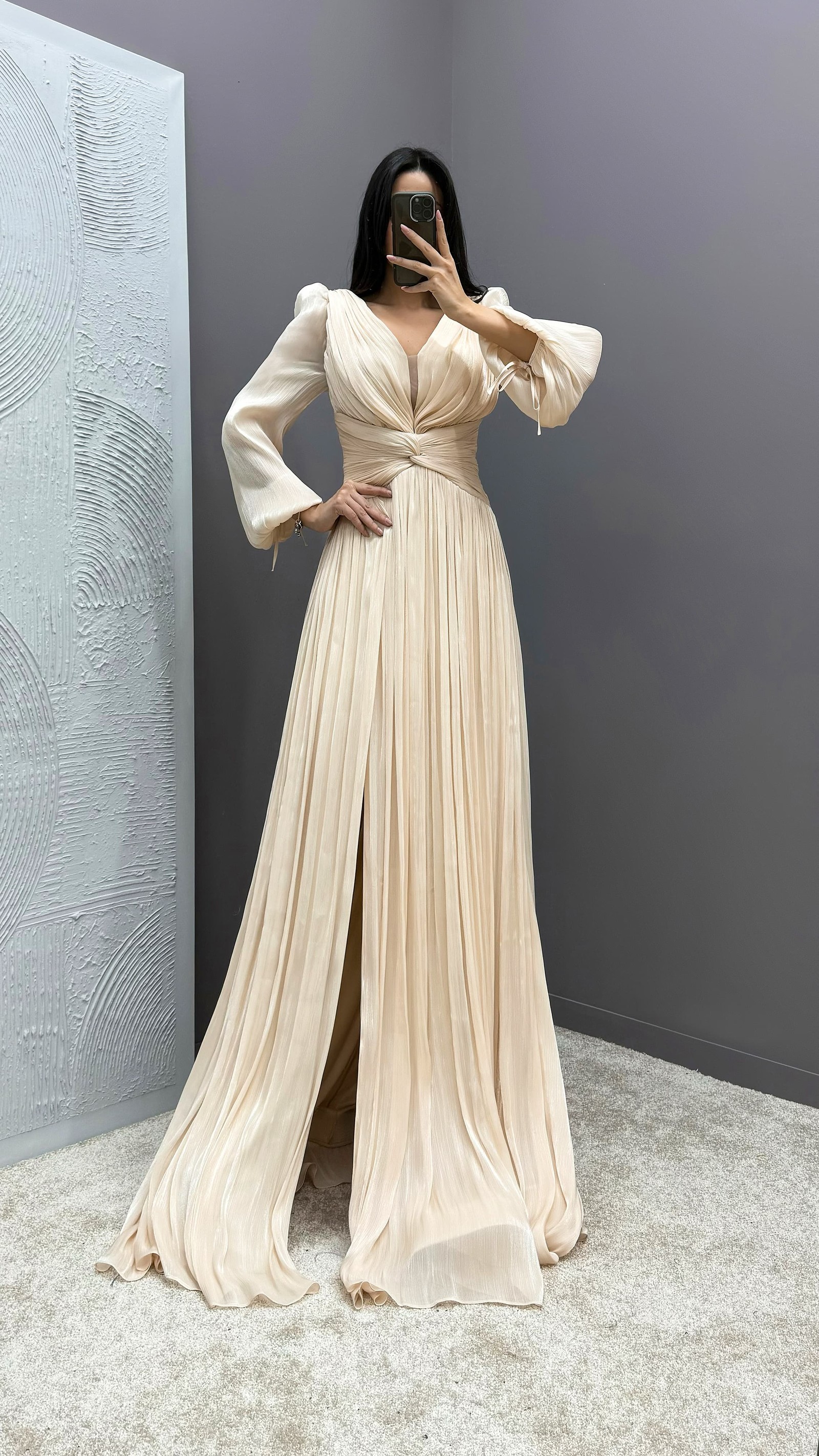 BEIGE BALLOON SLEEVE DRAPED DESIGN DRESS