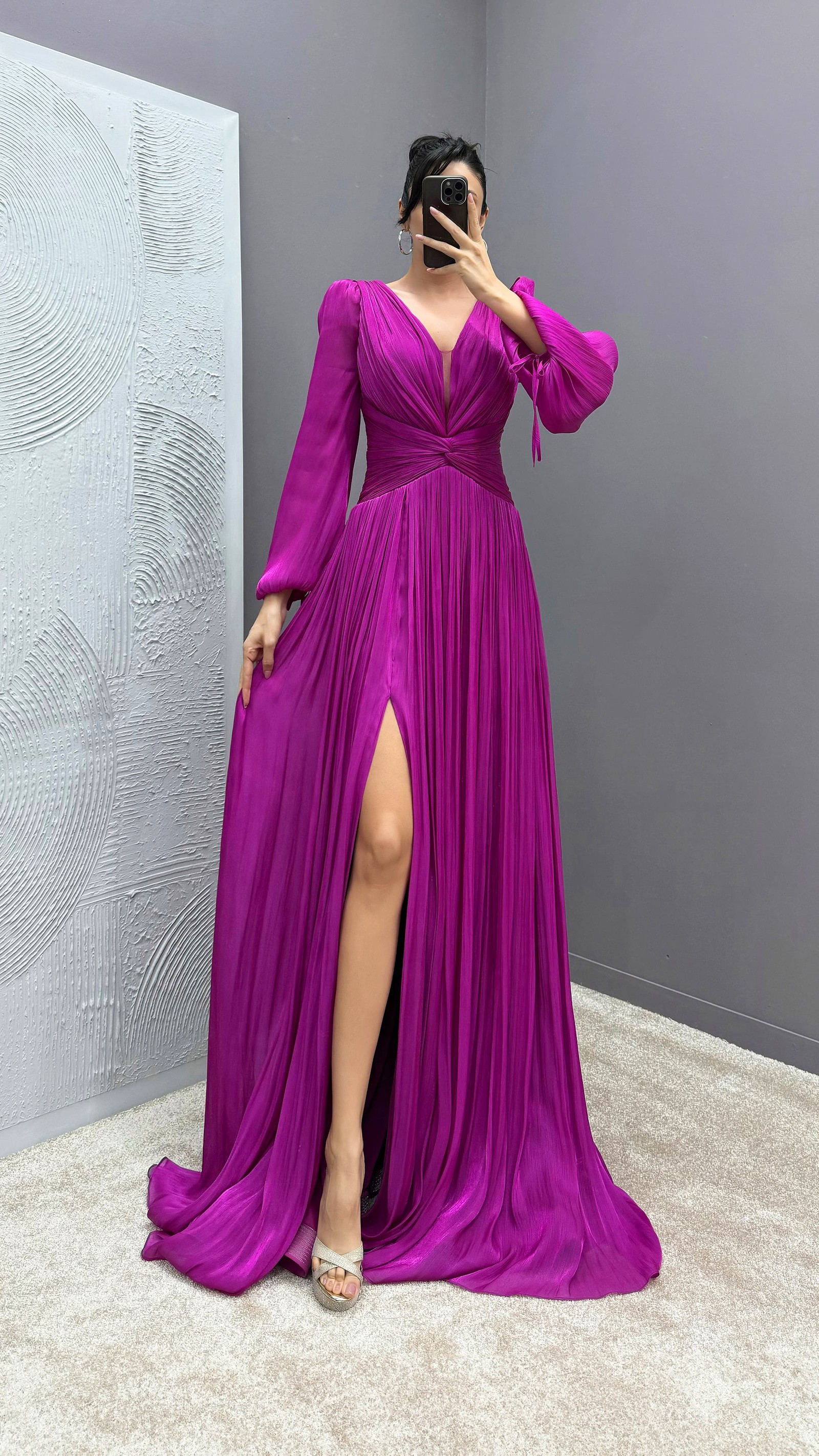 BEIGE BALLOON SLEEVE DRAPED DESIGN DRESS