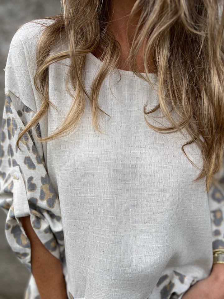 Ecru stripe print linen blouse