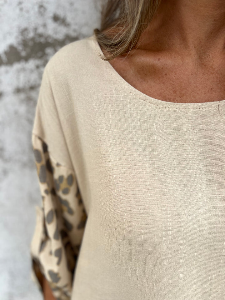 Ecru stripe print linen blouse