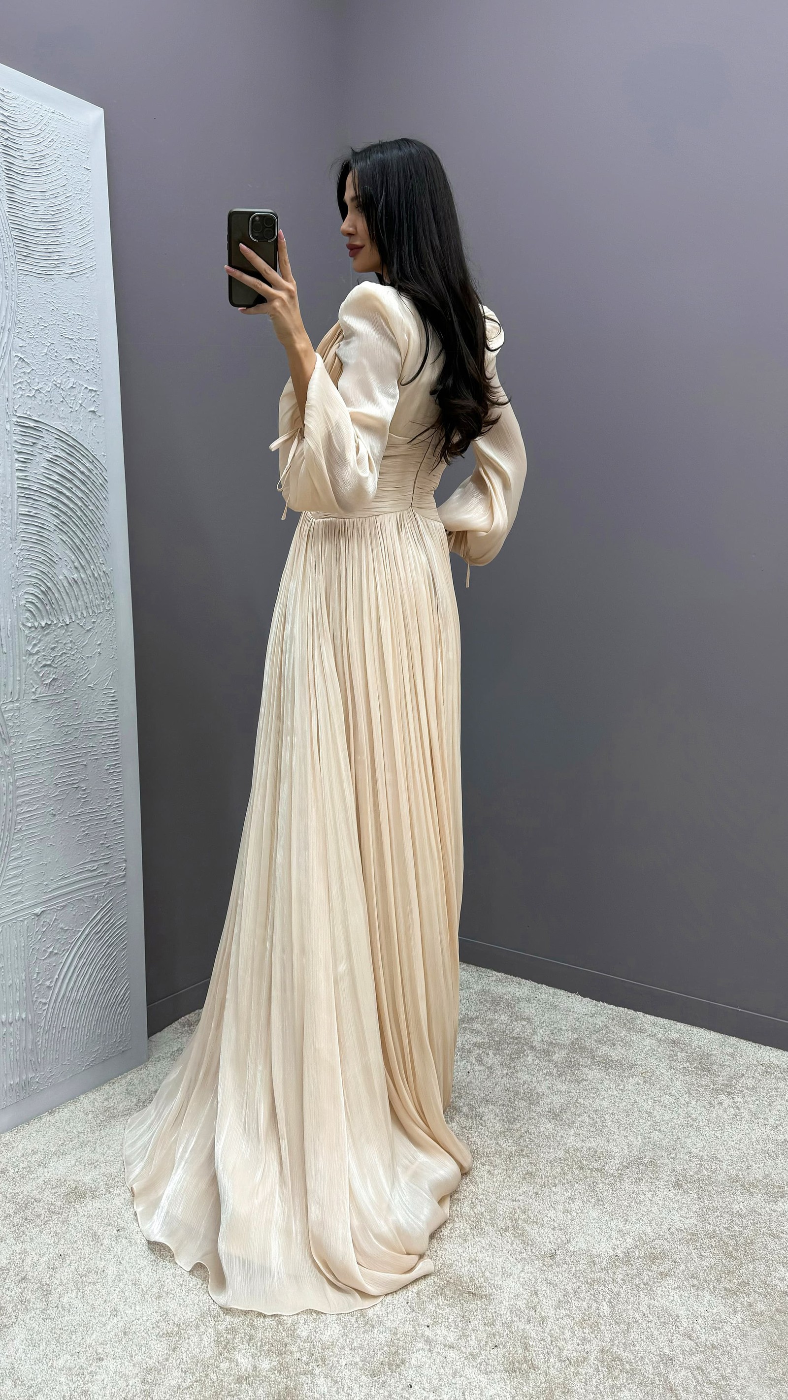 BEIGE BALLOON SLEEVE DRAPED DESIGN DRESS