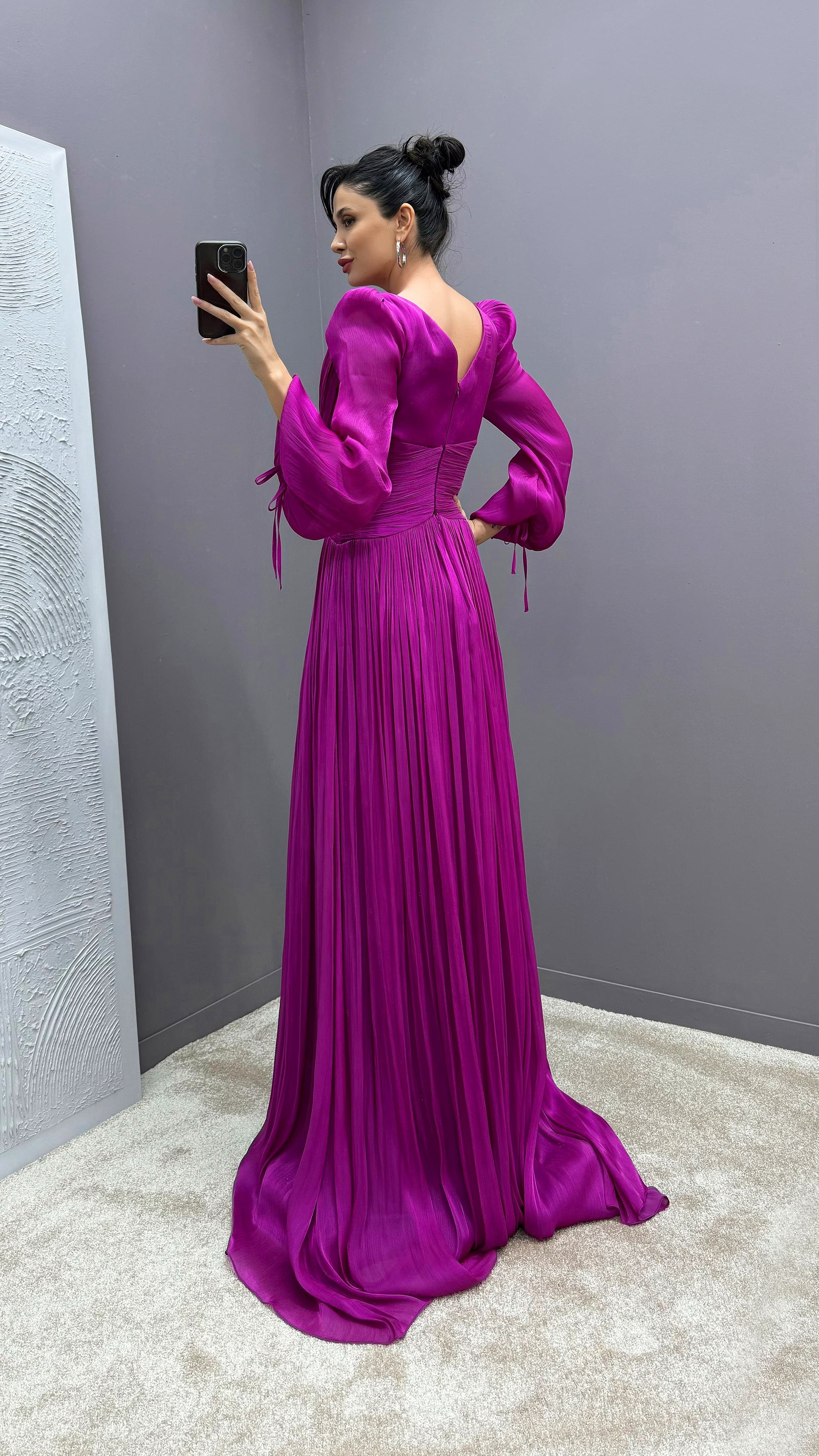 BEIGE BALLOON SLEEVE DRAPED DESIGN DRESS