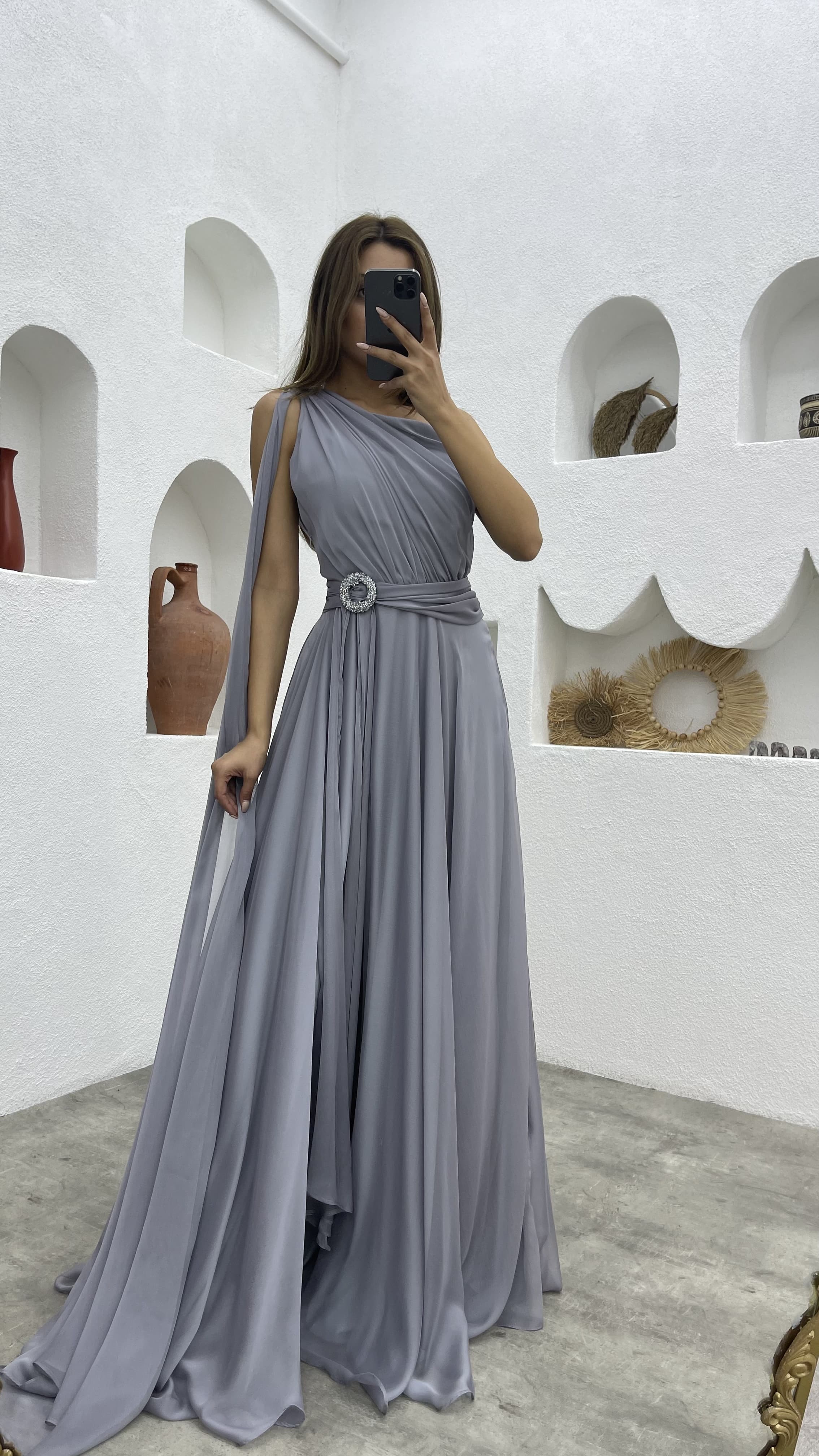 ONE SHOULDER BELT DETAIL DESIGN CHIFFON DRESS