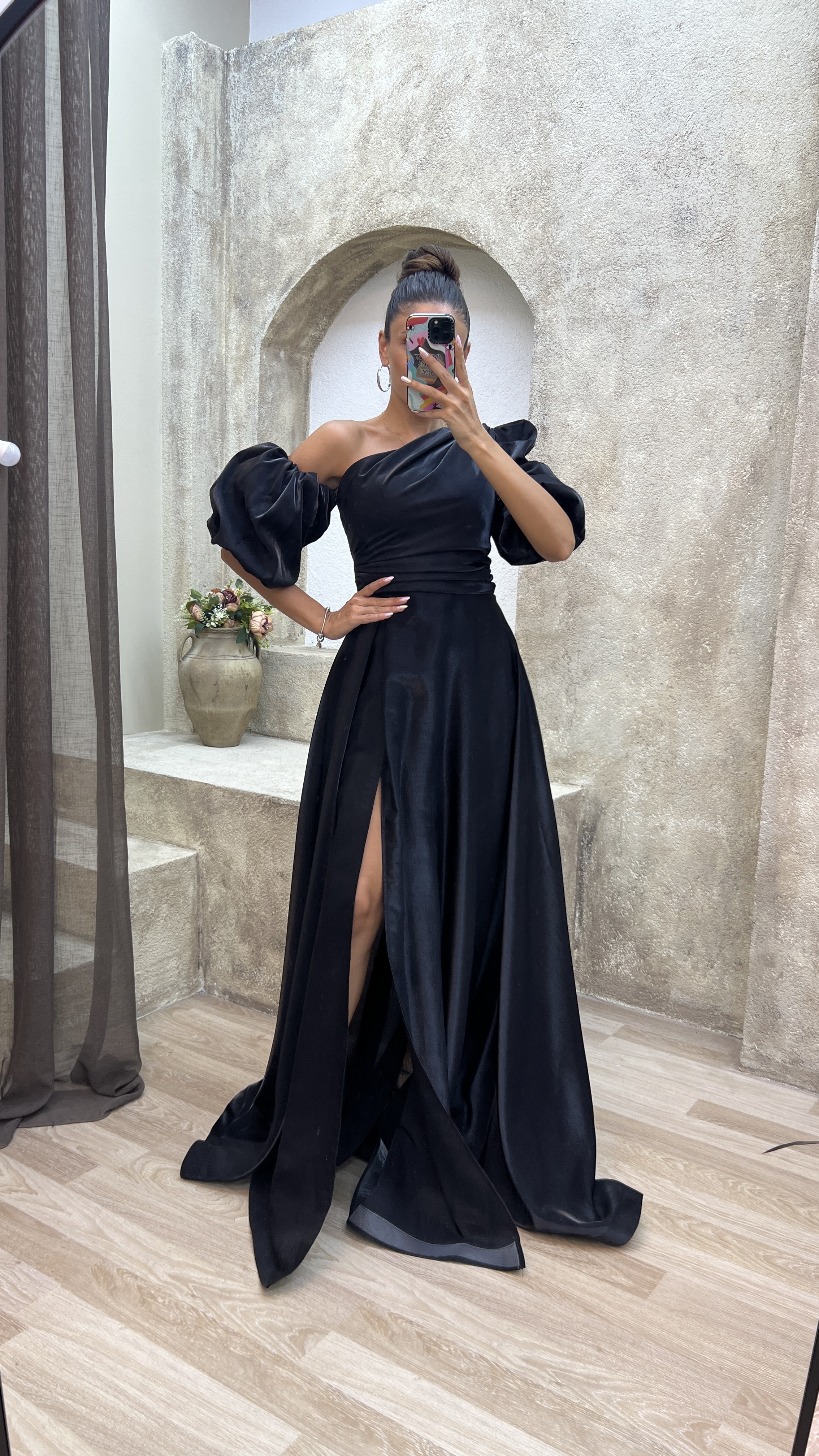 BALLOON SLEEVE SATIN EVENING DRESS