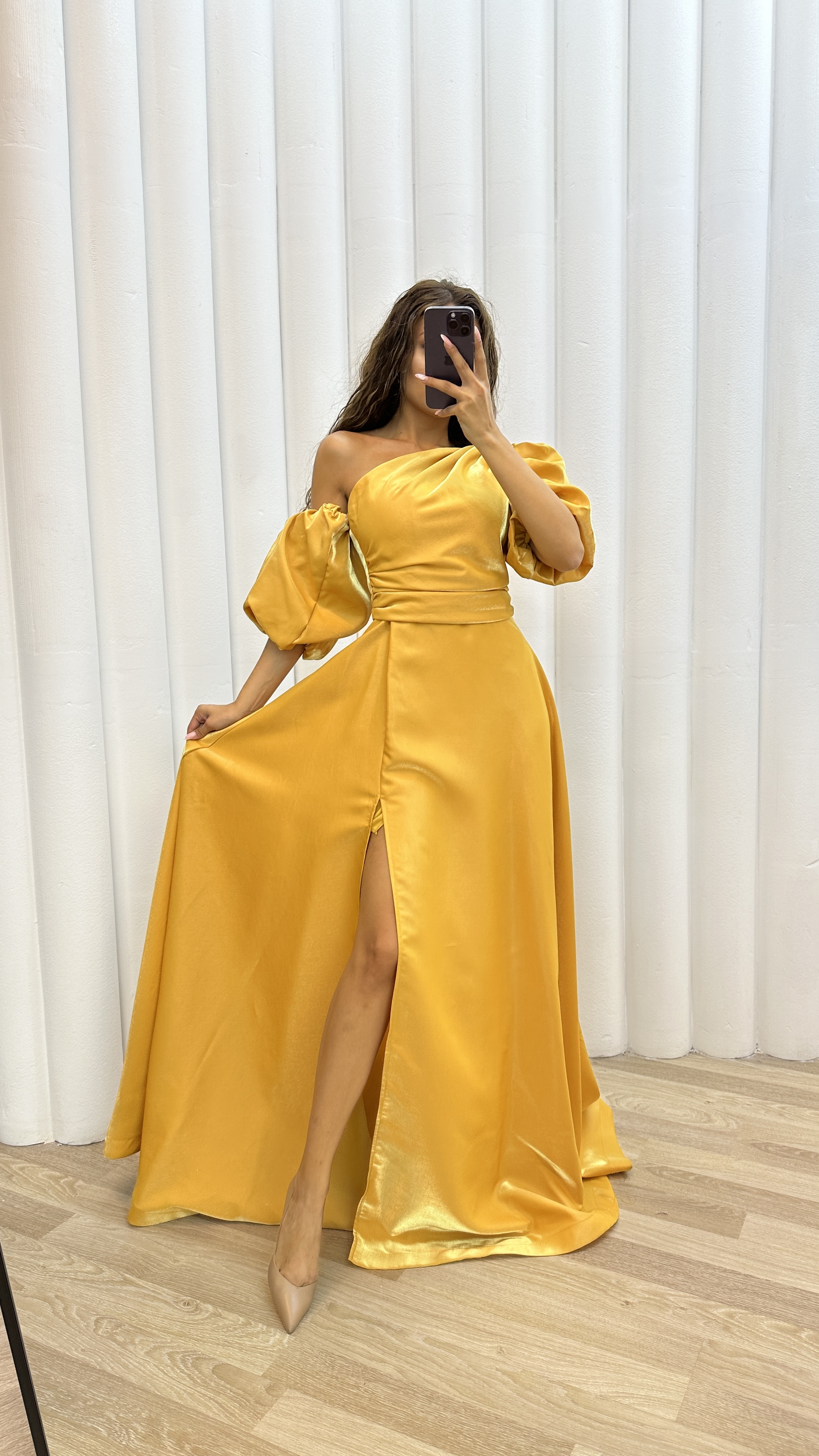 BALLOON SLEEVE SATIN EVENING DRESS