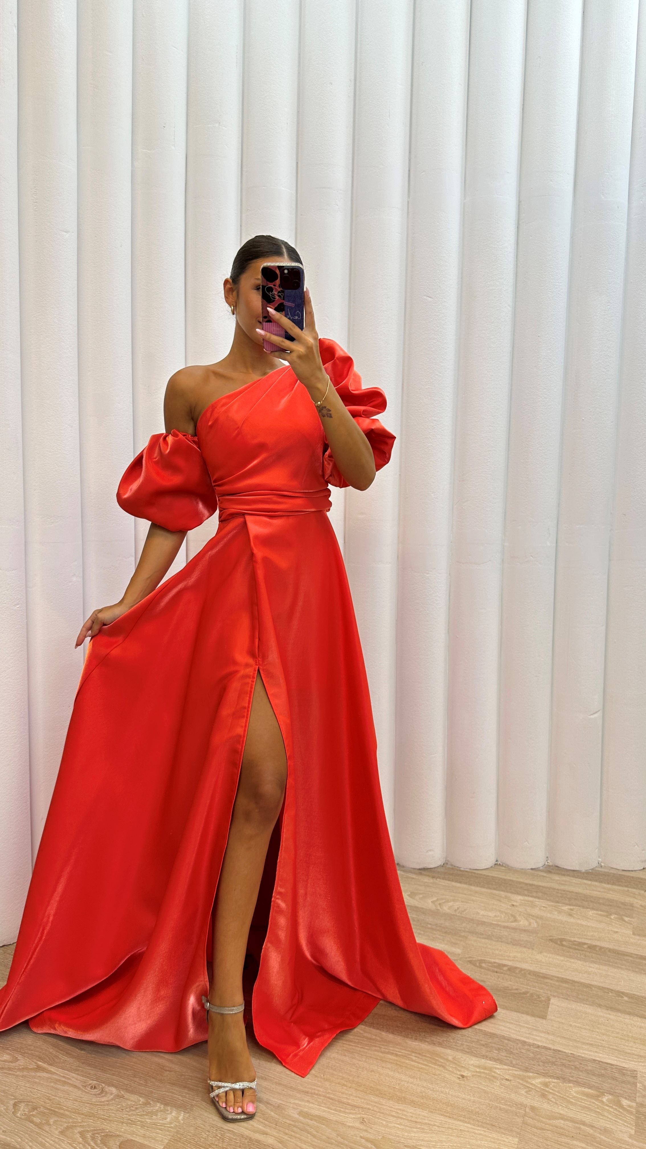 BALLOON SLEEVE SATIN EVENING DRESS