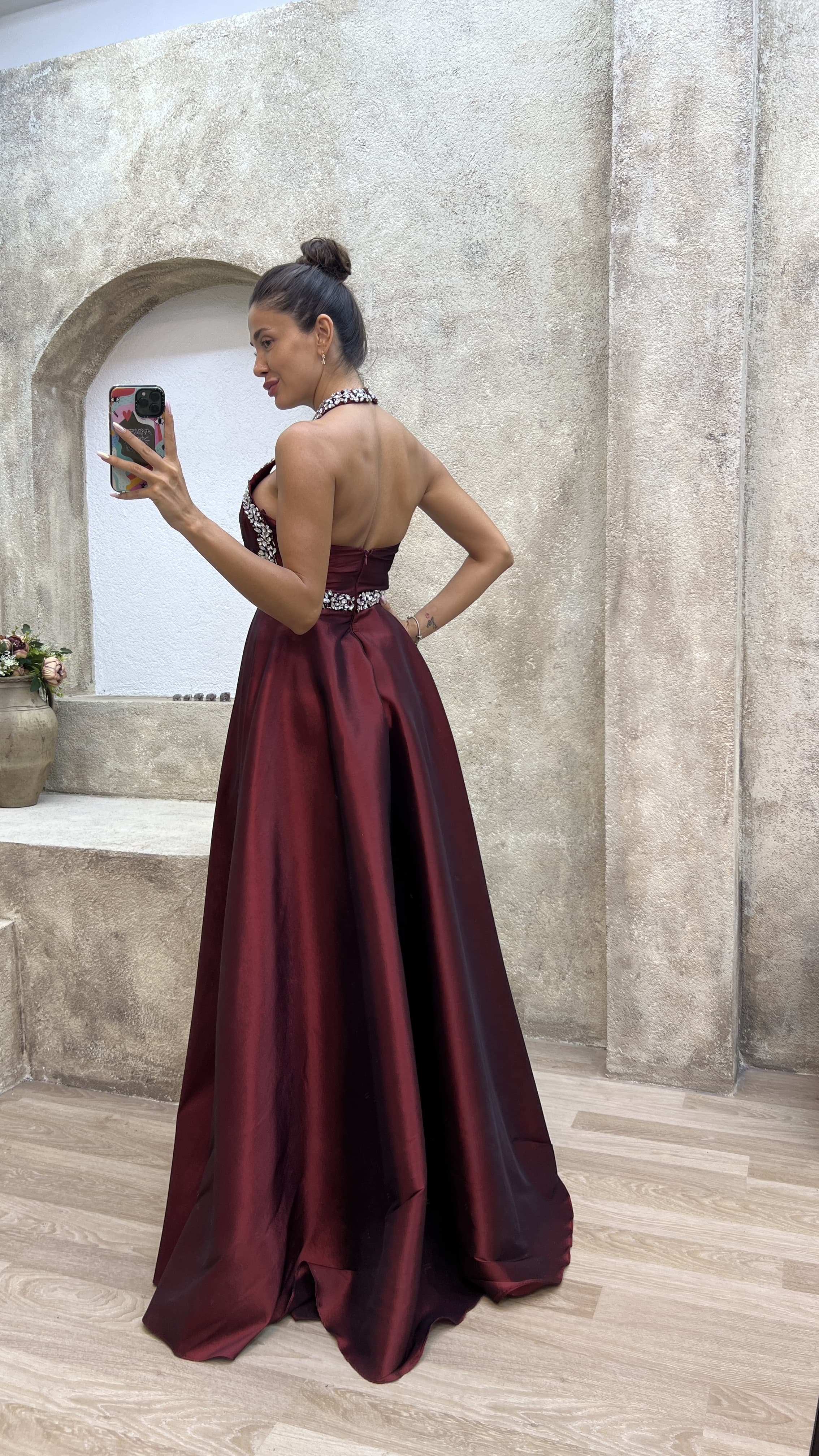 Neck And Waist Detail Stone Embroidered Satin Evening Dress