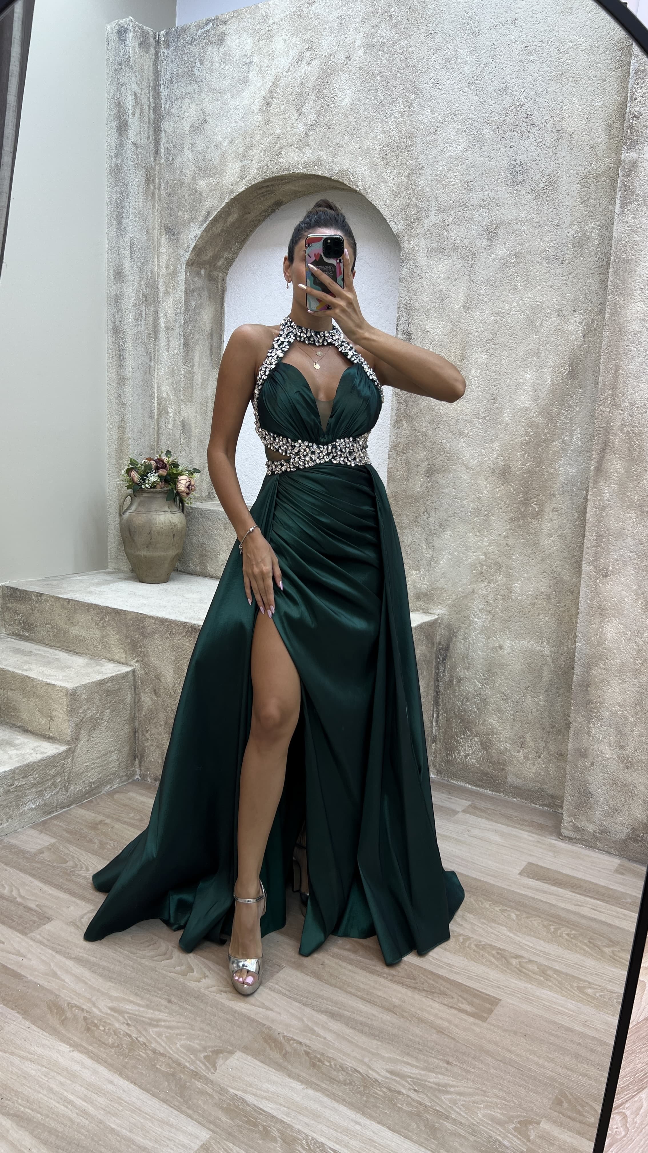 Neck And Waist Detail Stone Embroidered Satin Evening Dress