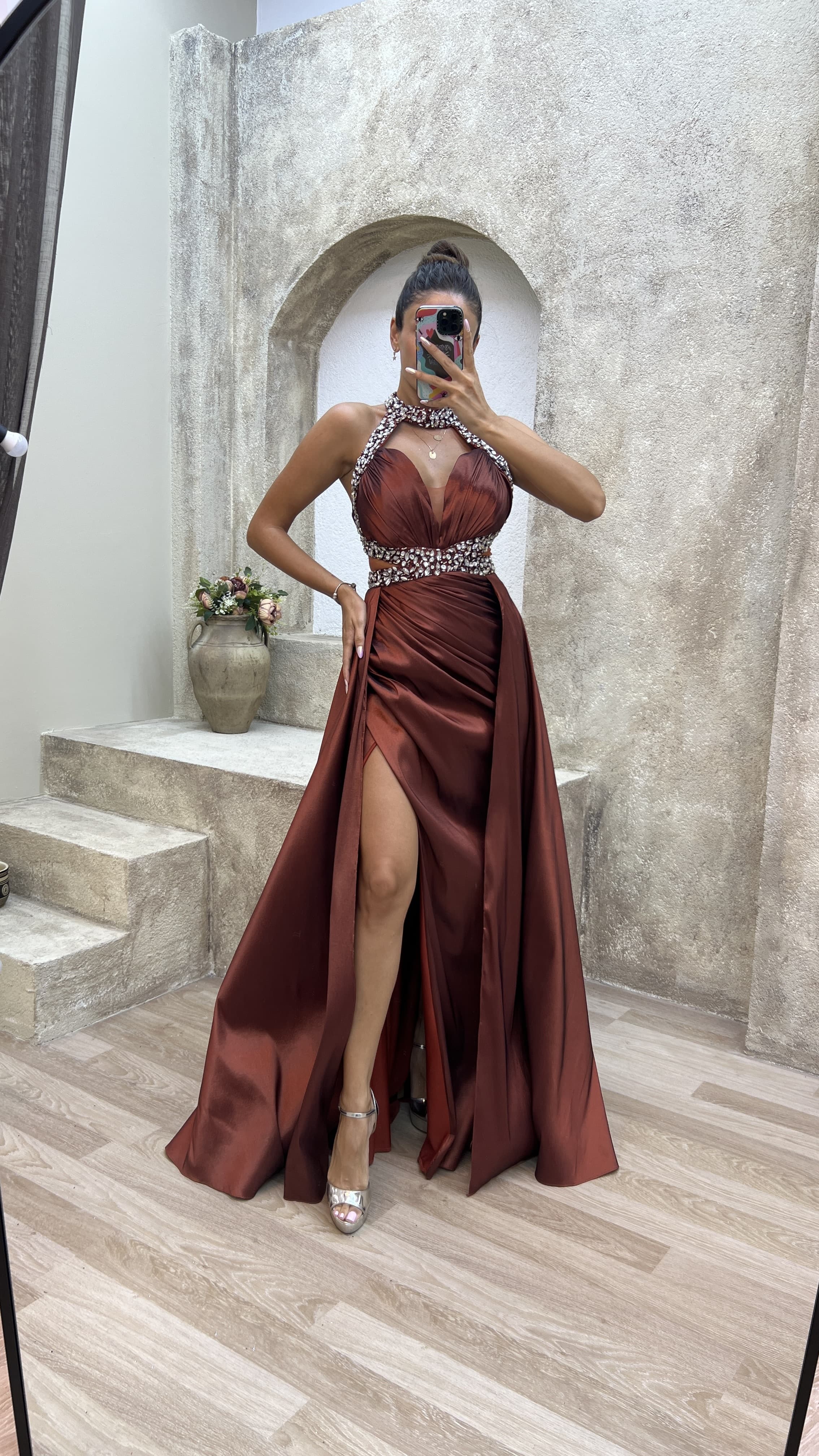 Neck And Waist Detail Stone Embroidered Satin Evening Dress