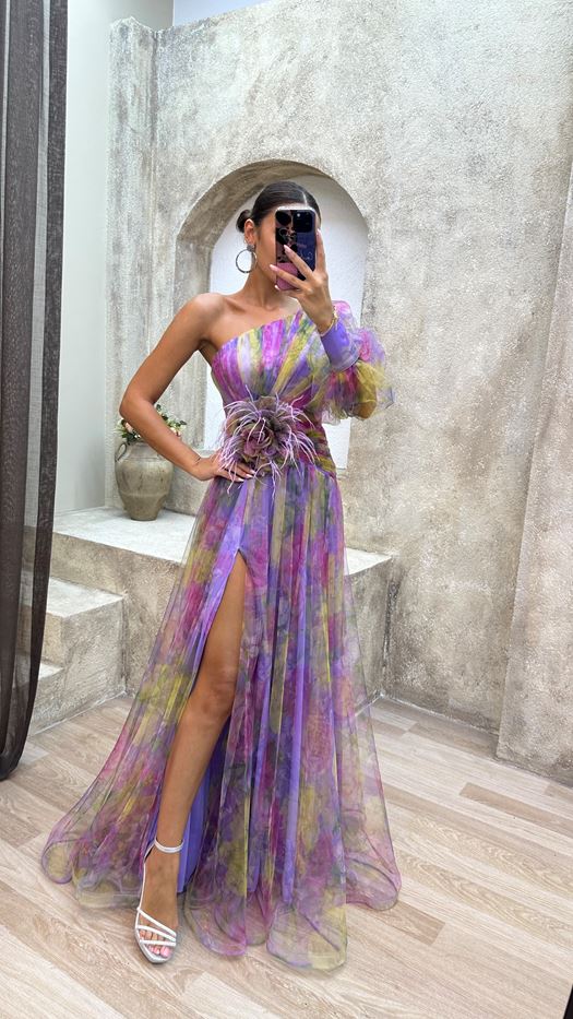 SINGLE SLEEVE WAIST ROSE DETAIL FEATHERED TULLE EVENING DRESS