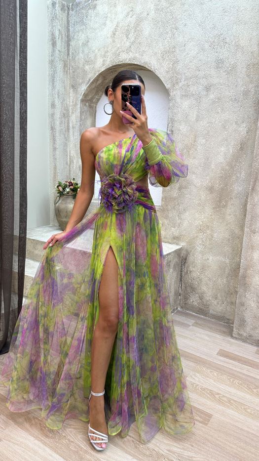 SINGLE SLEEVE WAIST ROSE DETAIL FEATHERED TULLE EVENING DRESS