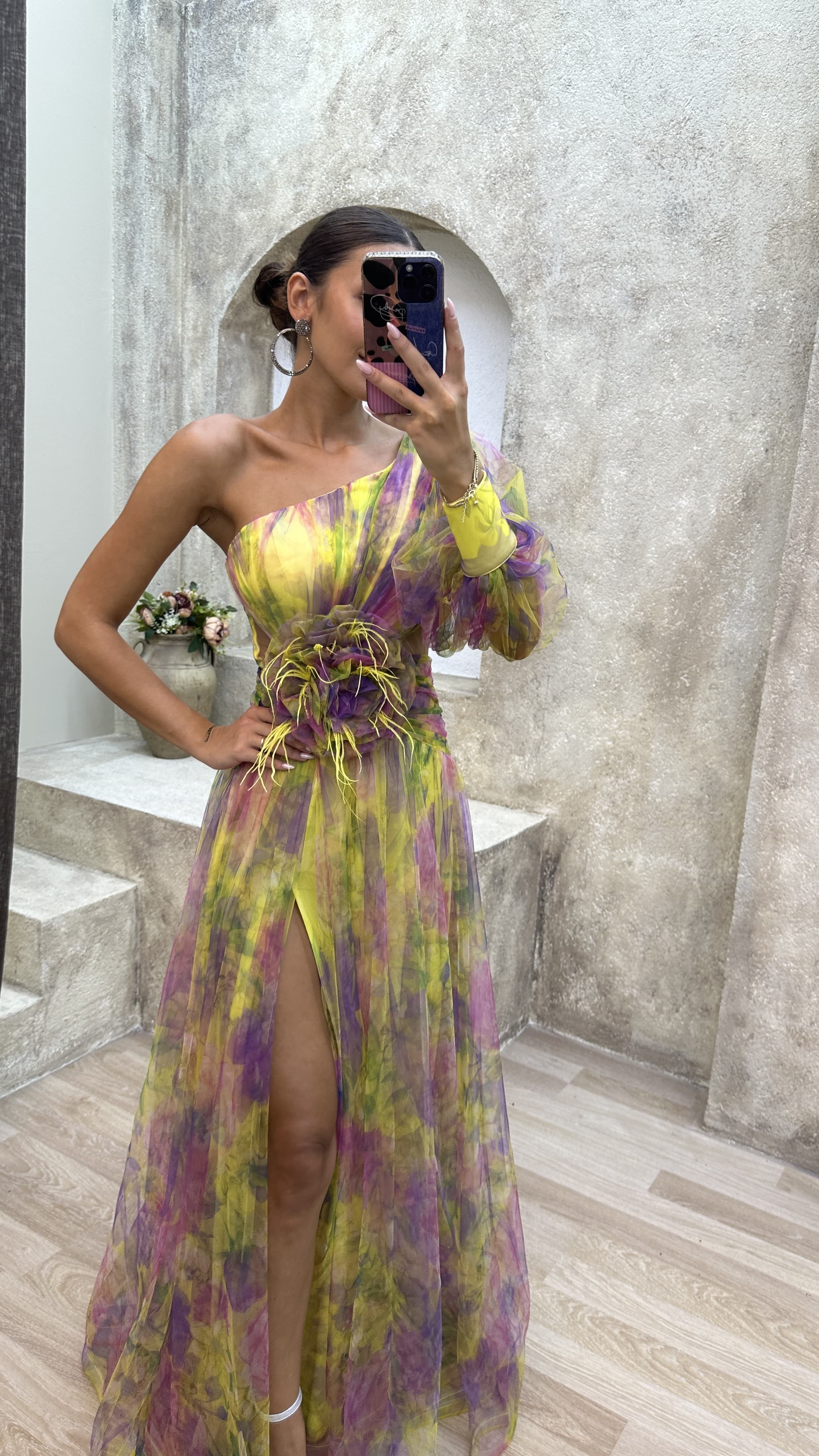 Floral one-shoulder flowy long-sleeved dress