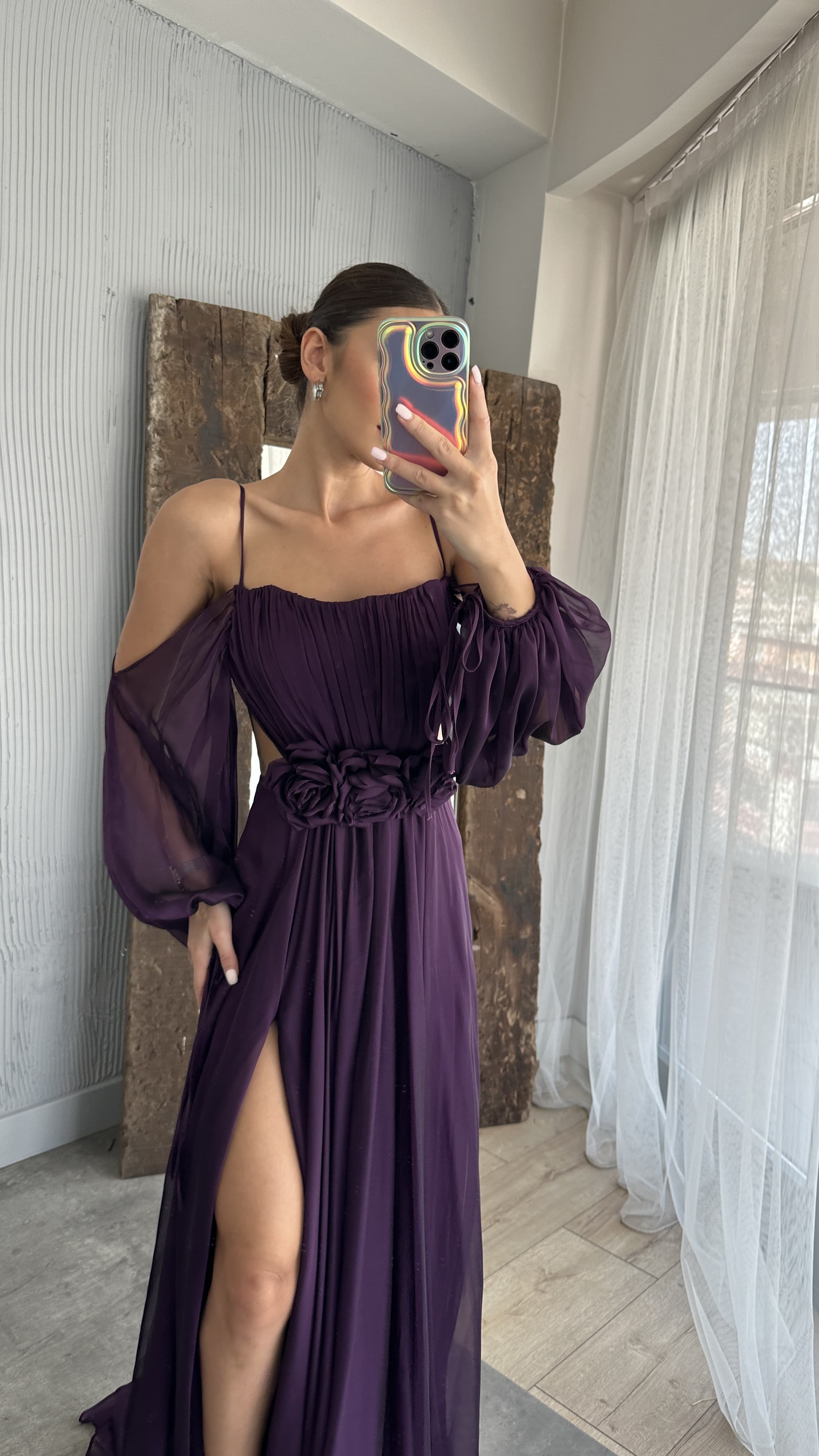 ROPE STRAP BALLOON WAIST DETAIL DESIGN CHIFFON DRESS