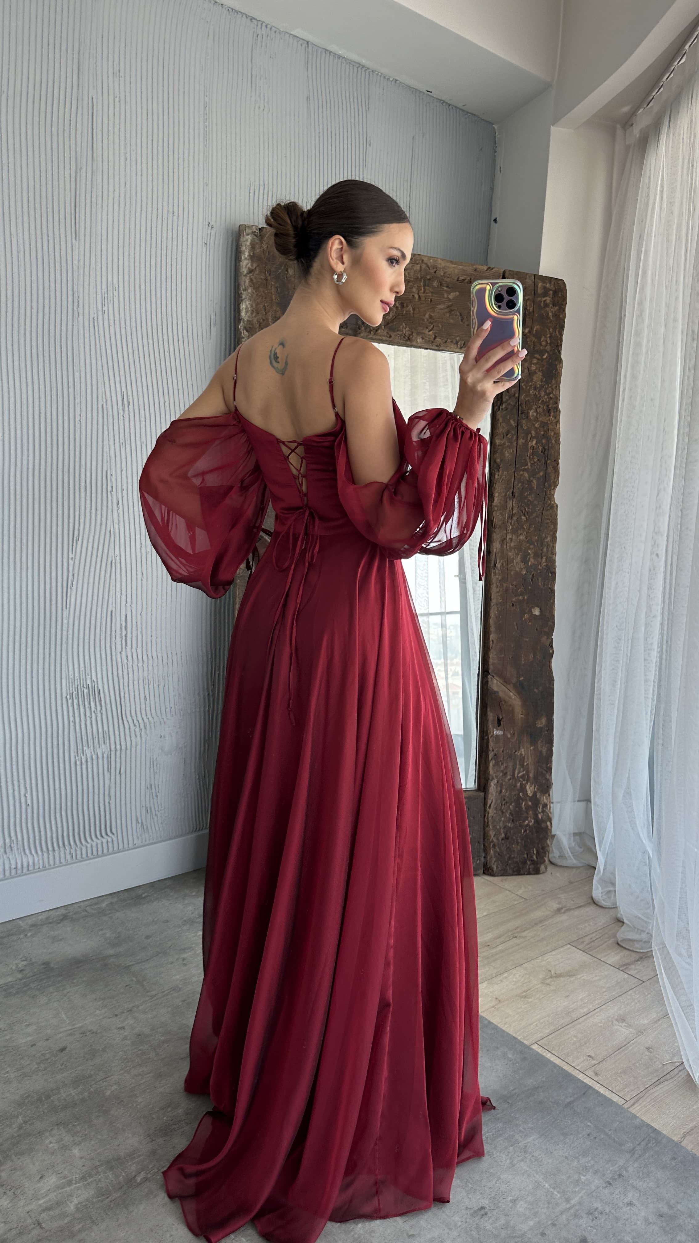 ROPE STRAP BALLOON WAIST DETAIL DESIGN CHIFFON DRESS