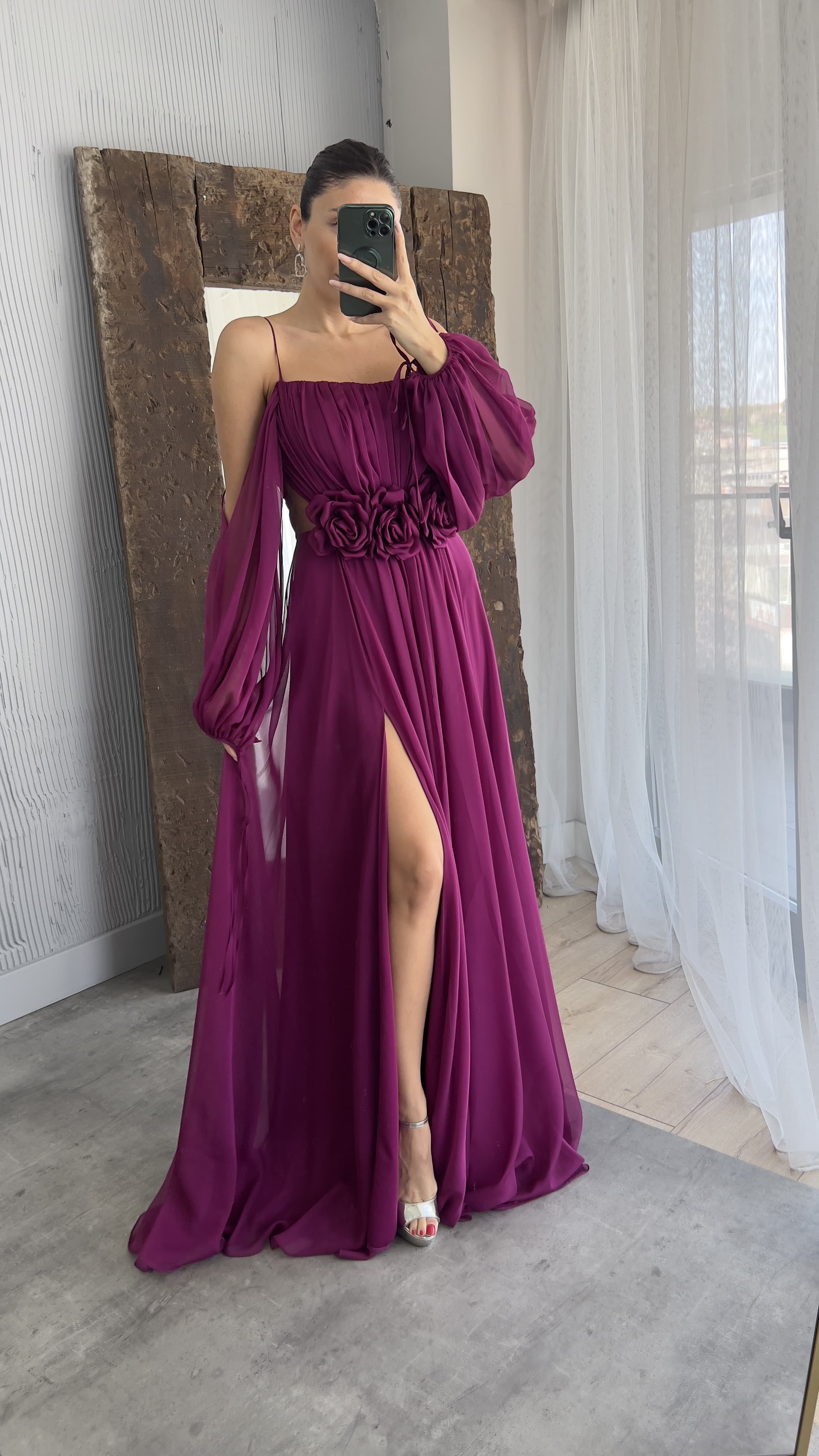 ROPE STRAP BALLOON WAIST DETAIL DESIGN CHIFFON DRESS