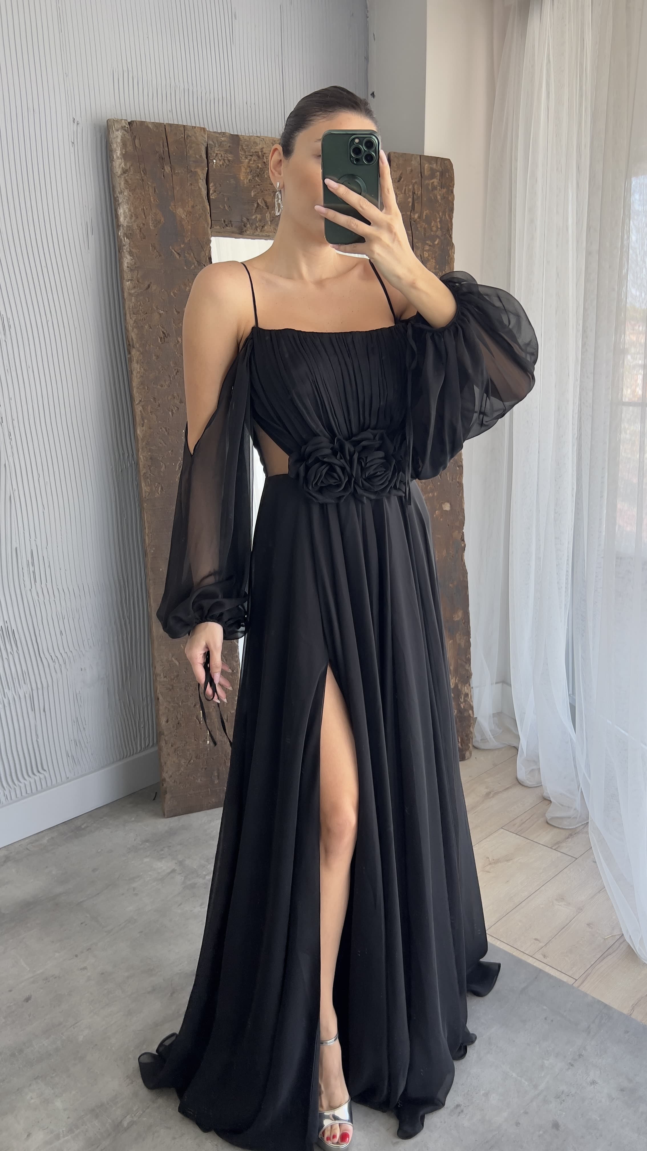 ROPE STRAP BALLOON WAIST DETAIL DESIGN CHIFFON DRESS