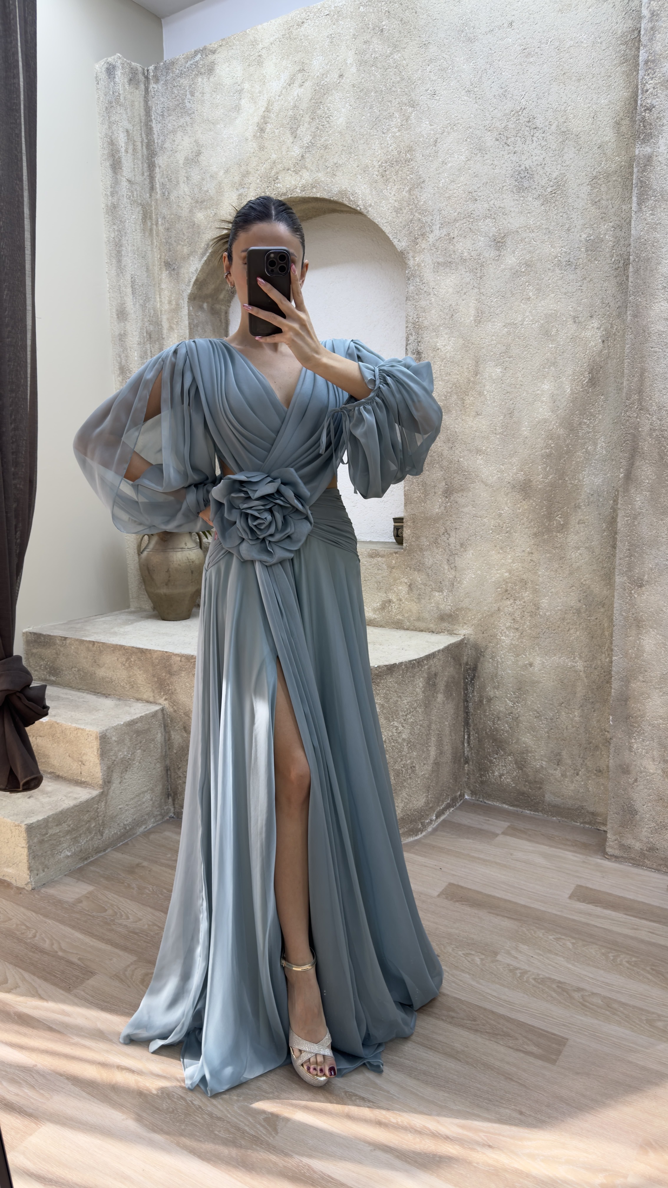 BACK DETAIL WAIST ROSE DESIGN CHIFFON EVENING DRESS