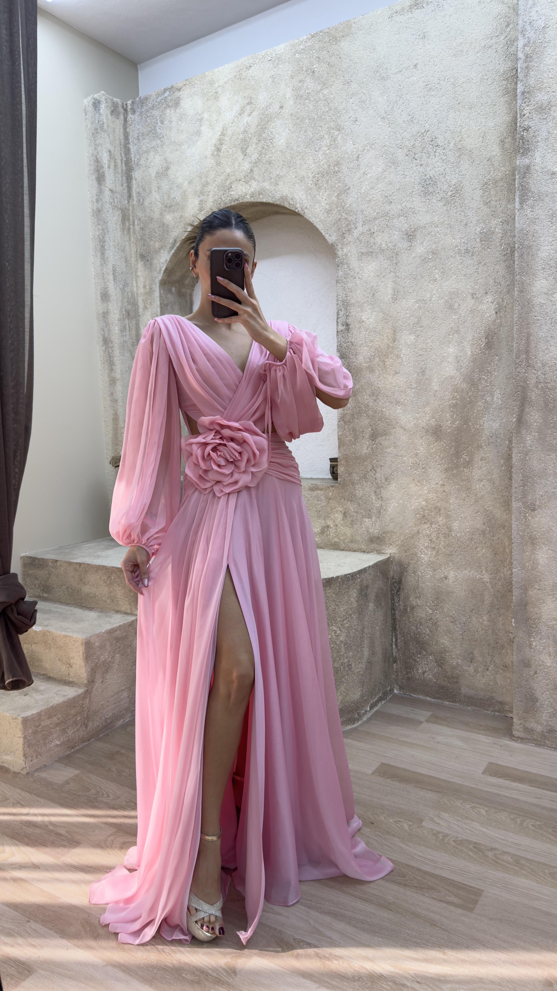 BACK DETAIL WAIST ROSE DESIGN CHIFFON EVENING DRESS