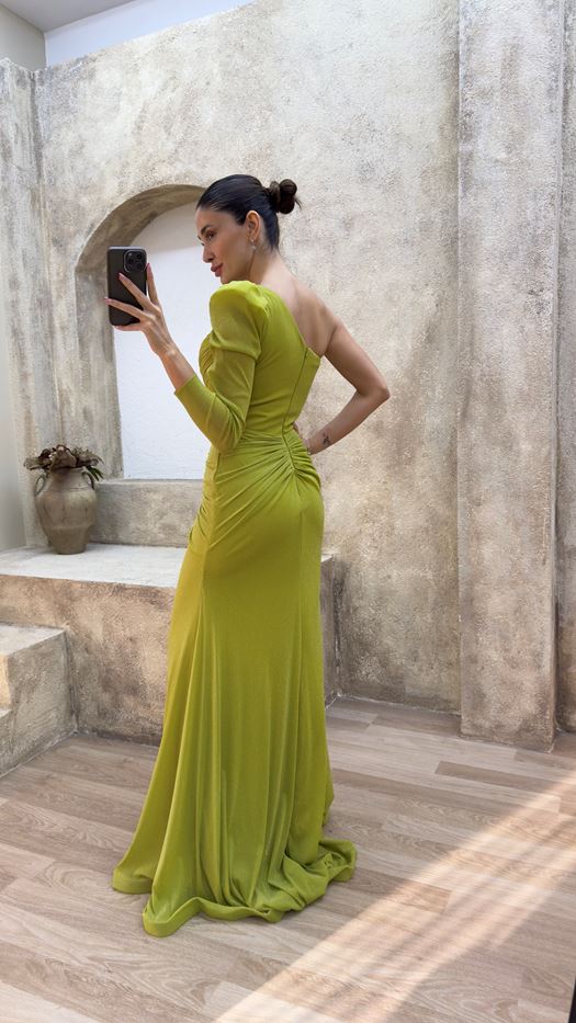 GREEN SINGLE SLEEVE WAIST DETAIL STONE EMBROIDERED DESIGN DRESS