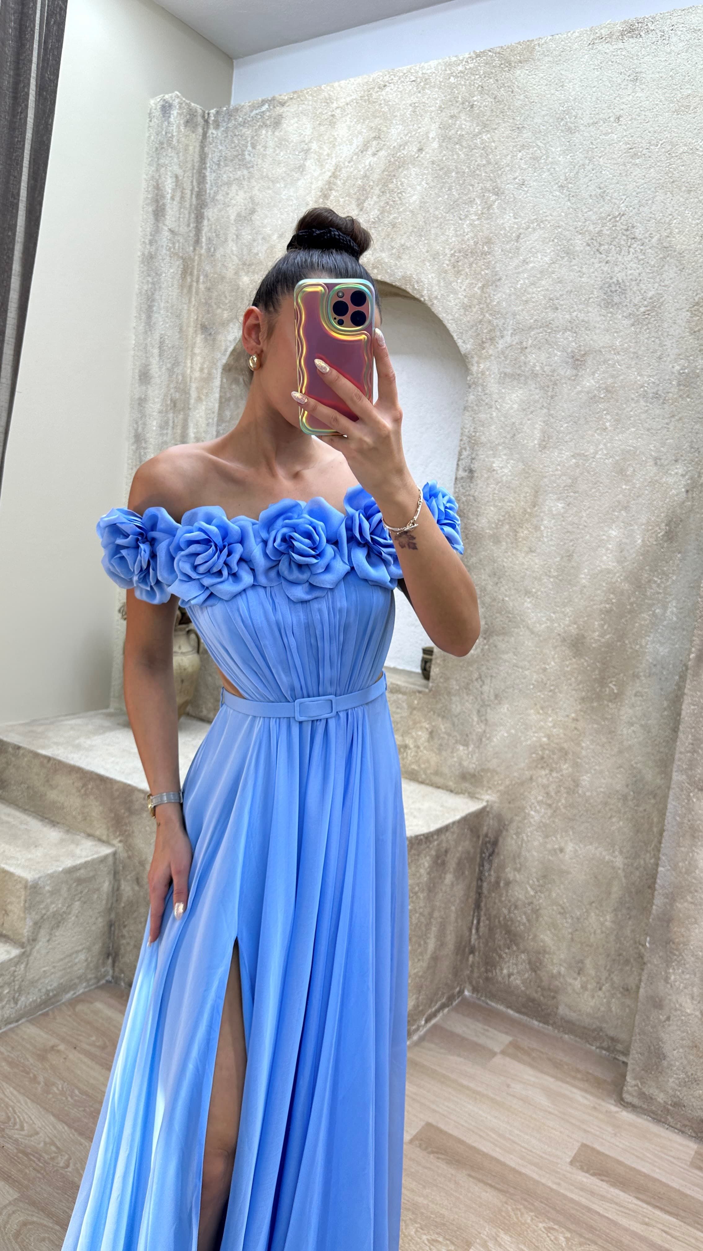 STRAPLESS CHEST ROSE WAIST DETAIL DESIGN EVENING DRESS