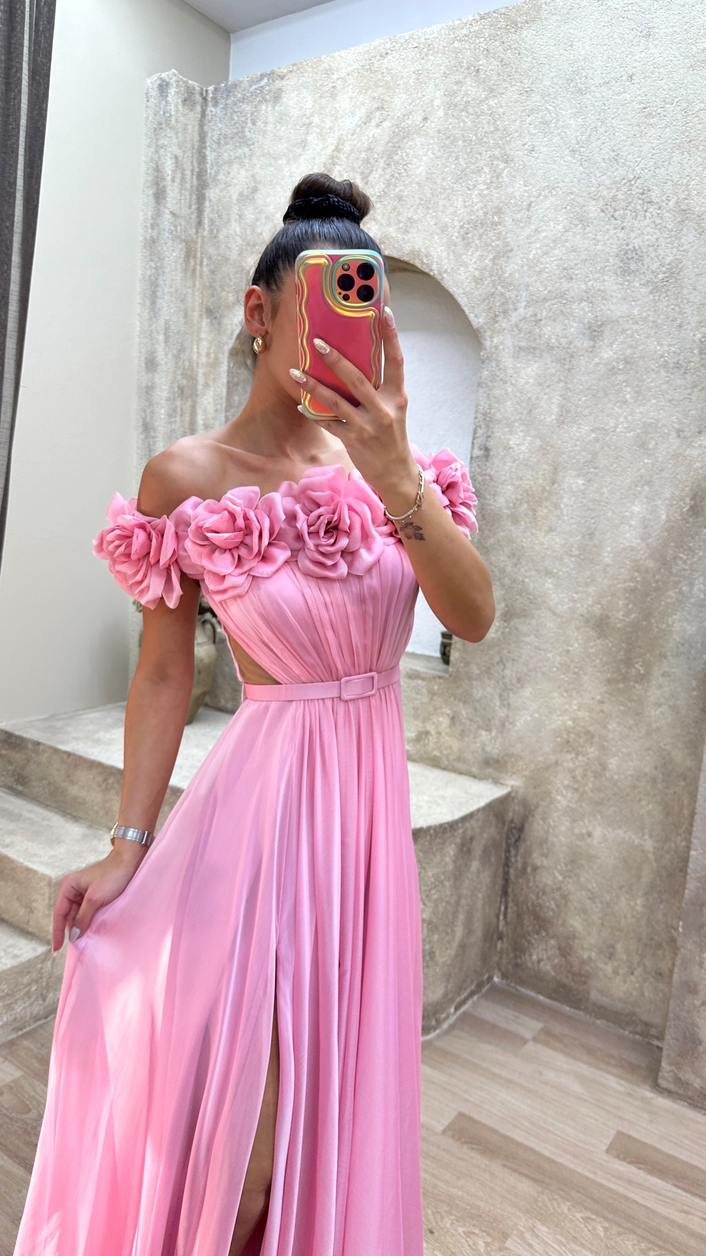 STRAPLESS CHEST ROSE WAIST DETAIL DESIGN EVENING DRESS