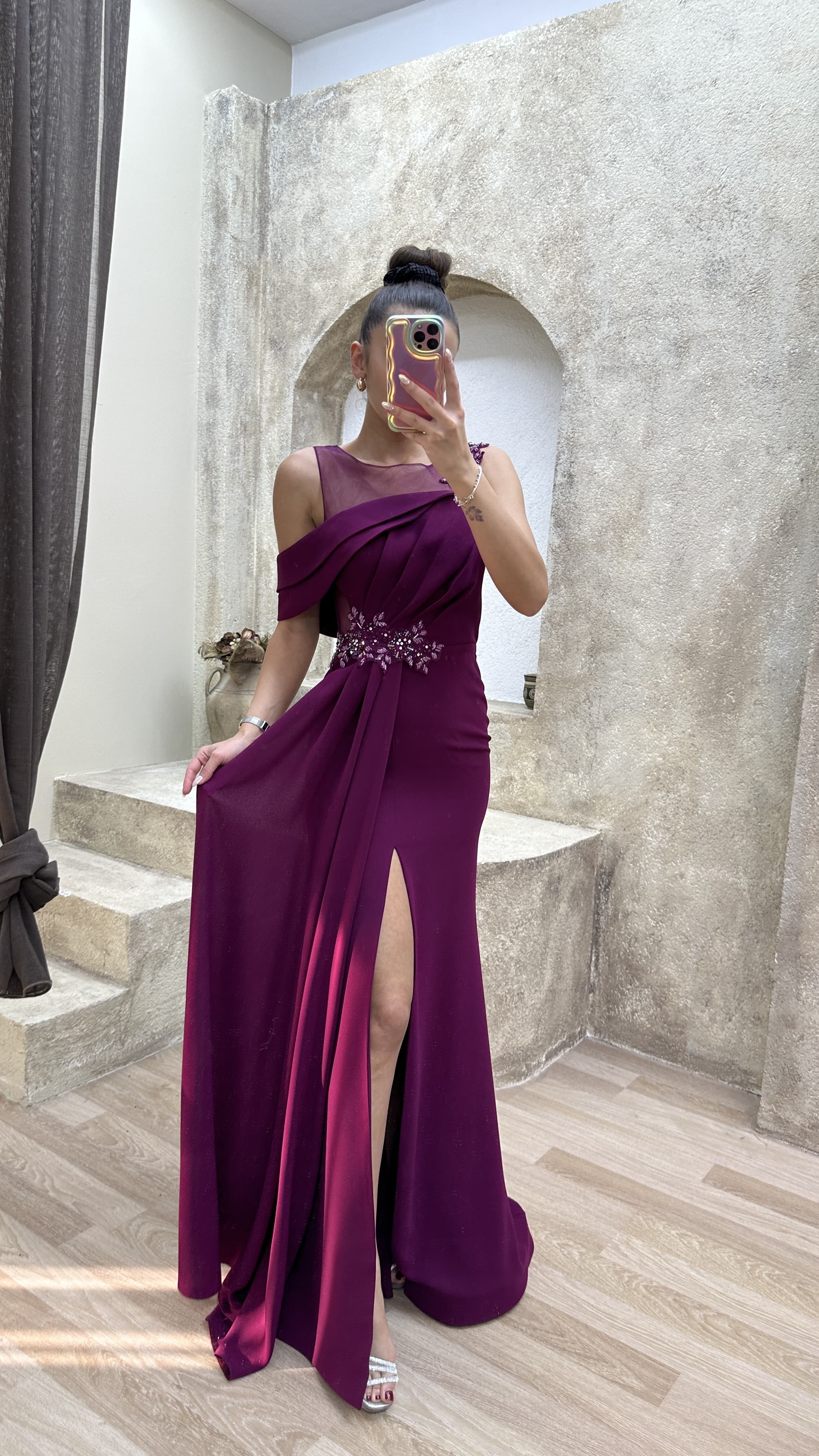 SHOULDER DETAIL PLEATED EMBROIDERED DESIGN DRESS