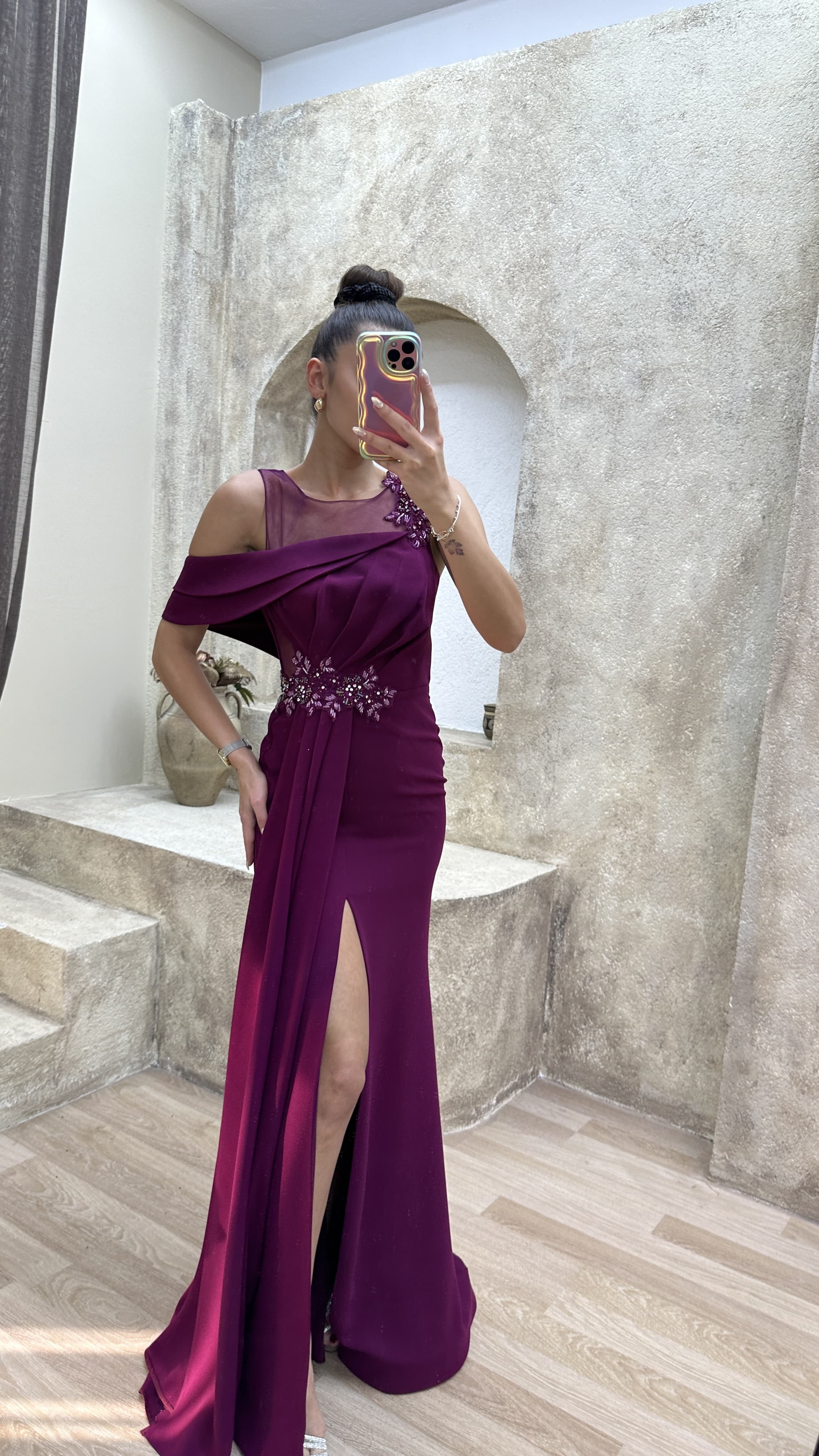 SHOULDER DETAIL PLEATED EMBROIDERED DESIGN DRESS